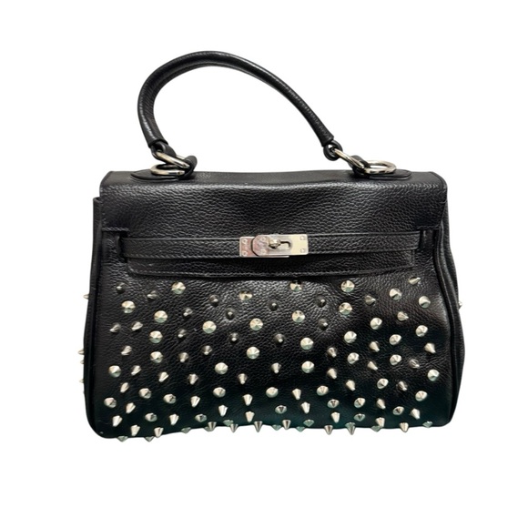 Melrose Glam Birken Style Black Leather Handbag Silver Stud Embellishments - Picture 1 of 16